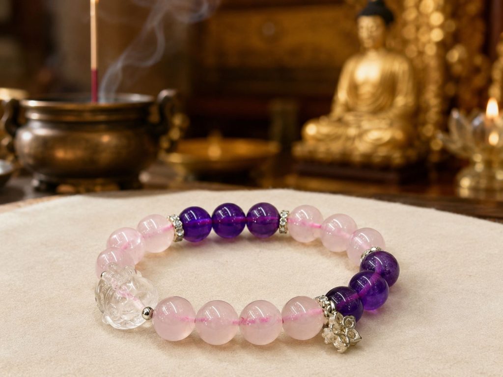 Buddhist Zen Rose Pink Amethyst Bracelet with Clear Buddha Bead