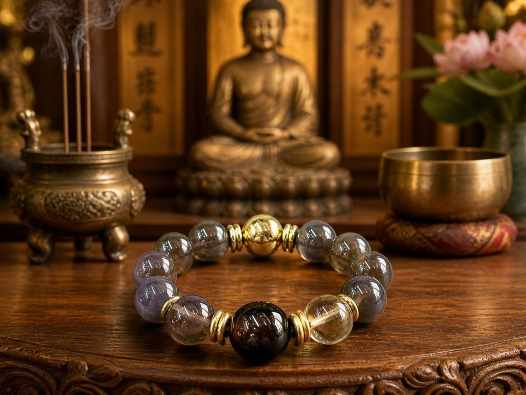 Buddhist Zen Smoky Gray Crystal Bracelet with Wine Red Center Bead