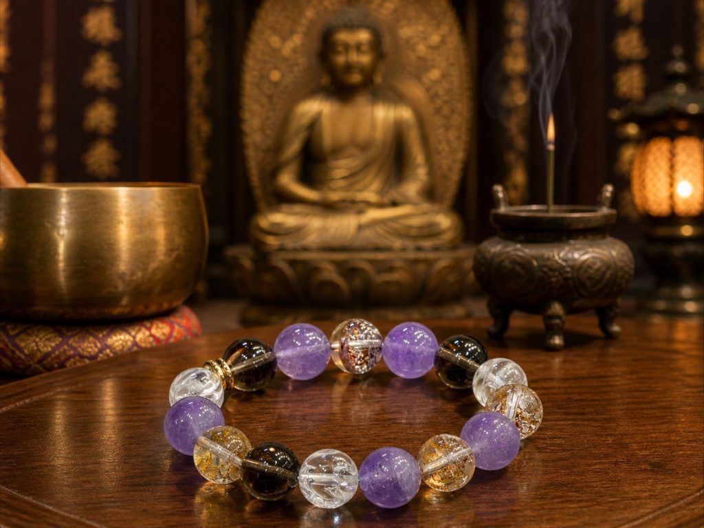 Buddhist Zen Multi-Crystal Bracelet with Amethyst Purple and Smoky Brown Accents