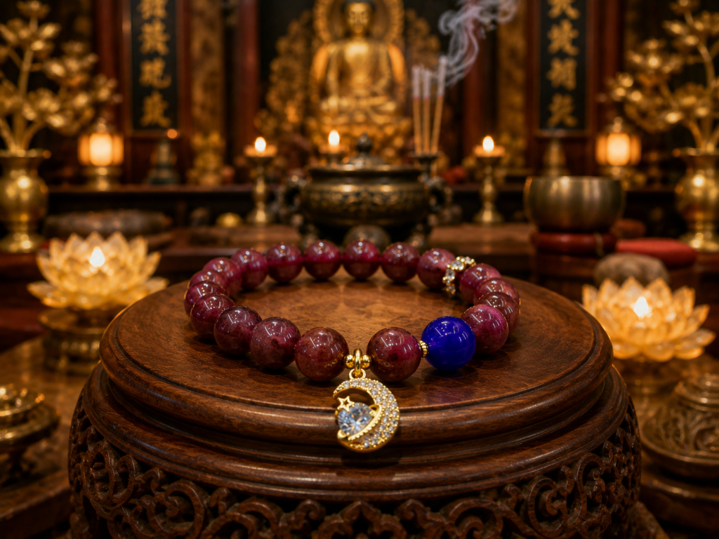 Buddhist Zen Wine Red Crystal Bracelet with Moon and Star Charm
