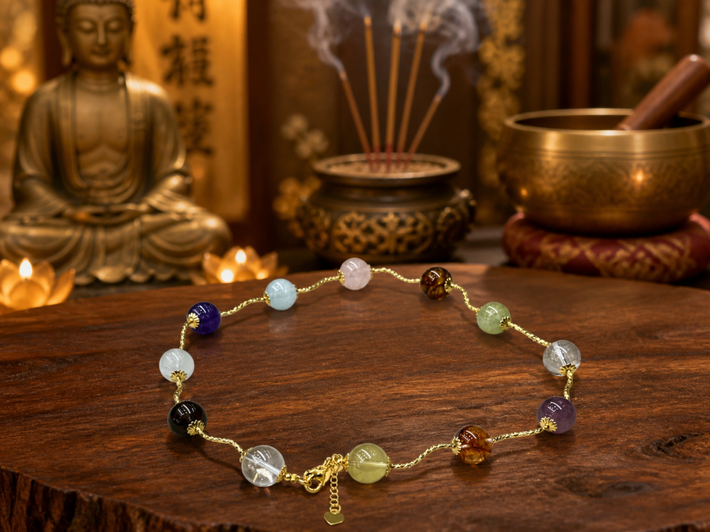 Buddhist Zen Multicolor Crystal Gold Chain Bracelet