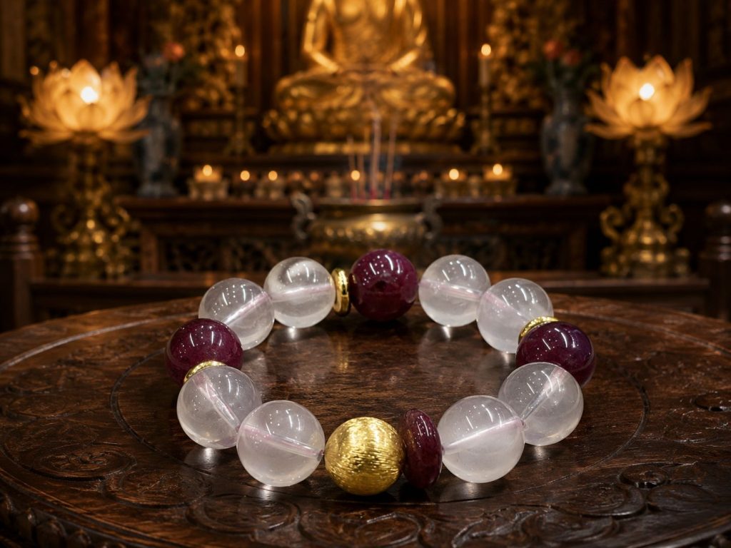 Buddhist Zen Clear Crystal Wine Red Gold Bead Bracelet