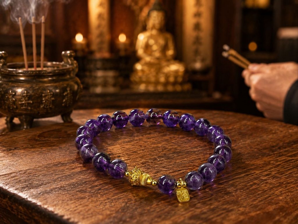 Buddhist Zen Amethyst-Style Fortune Bracelet with Gold Charm