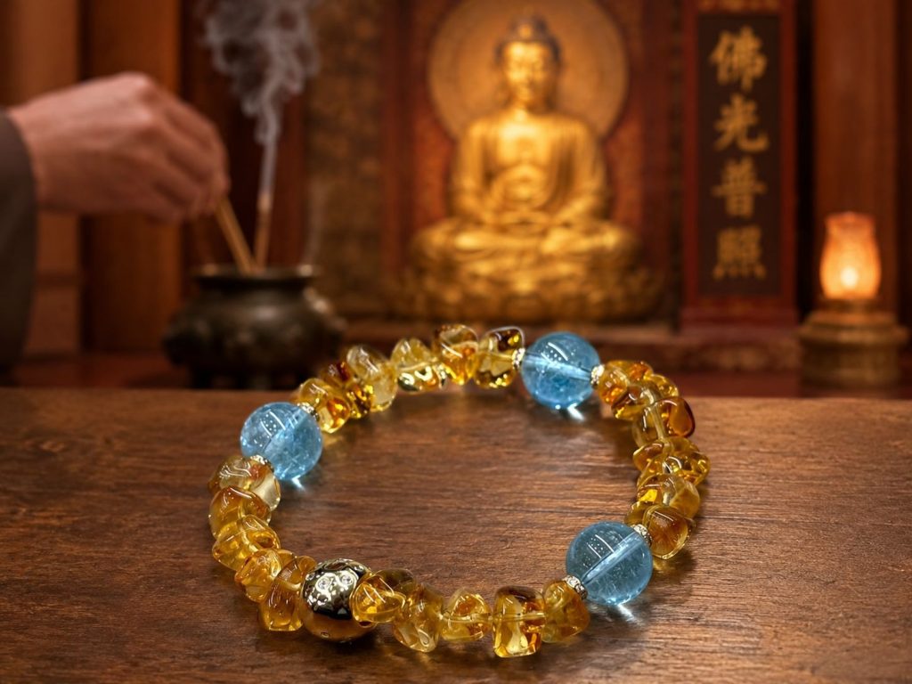 Buddhist Zen Honey Yellow Crystal Bracelet with Aquamarine Blue Accents