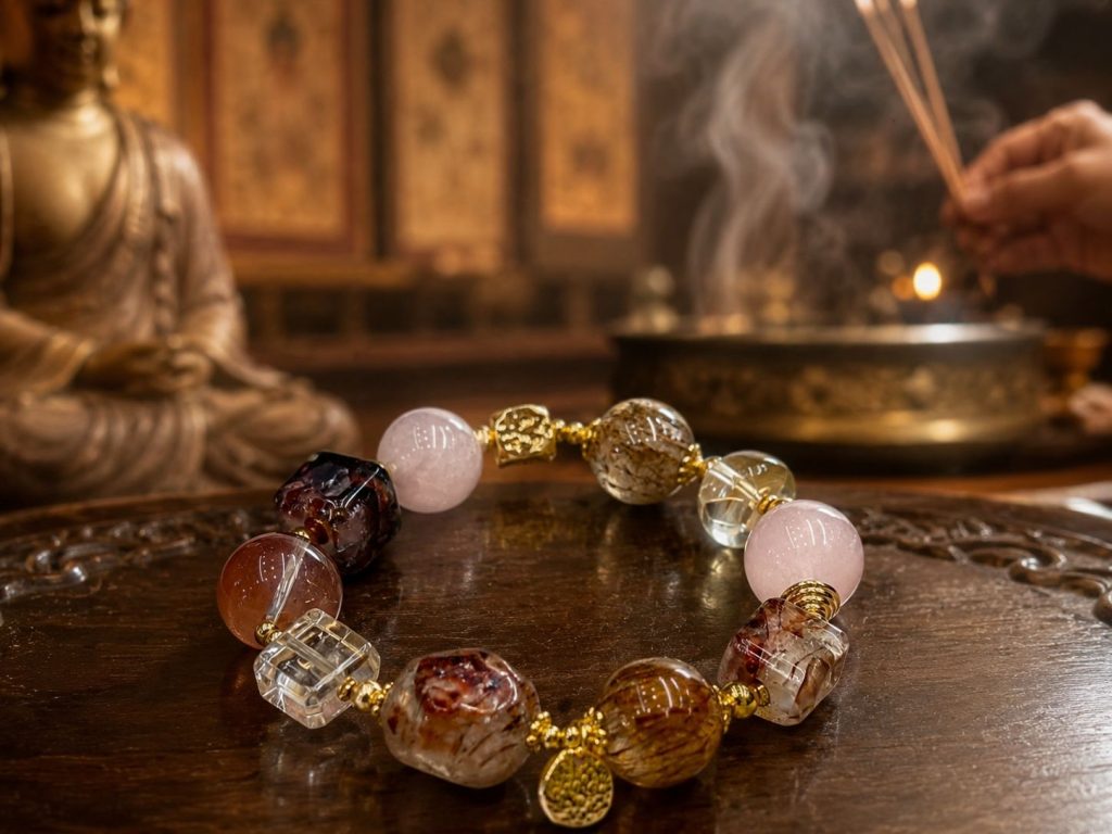 Buddhist Zen Rose Pink Smoky Brown Clear Crystal Bracelet