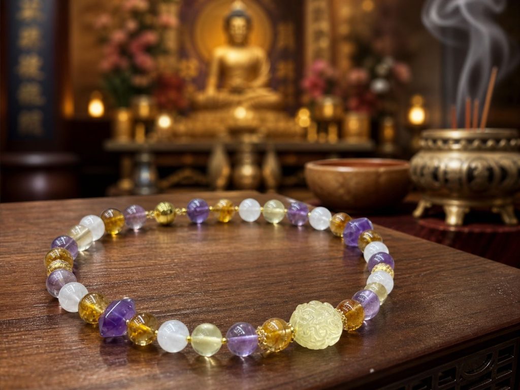 Buddhist Zen-inspired amethyst, citrine, and clear crystal necklace with a ruyi scepter charm