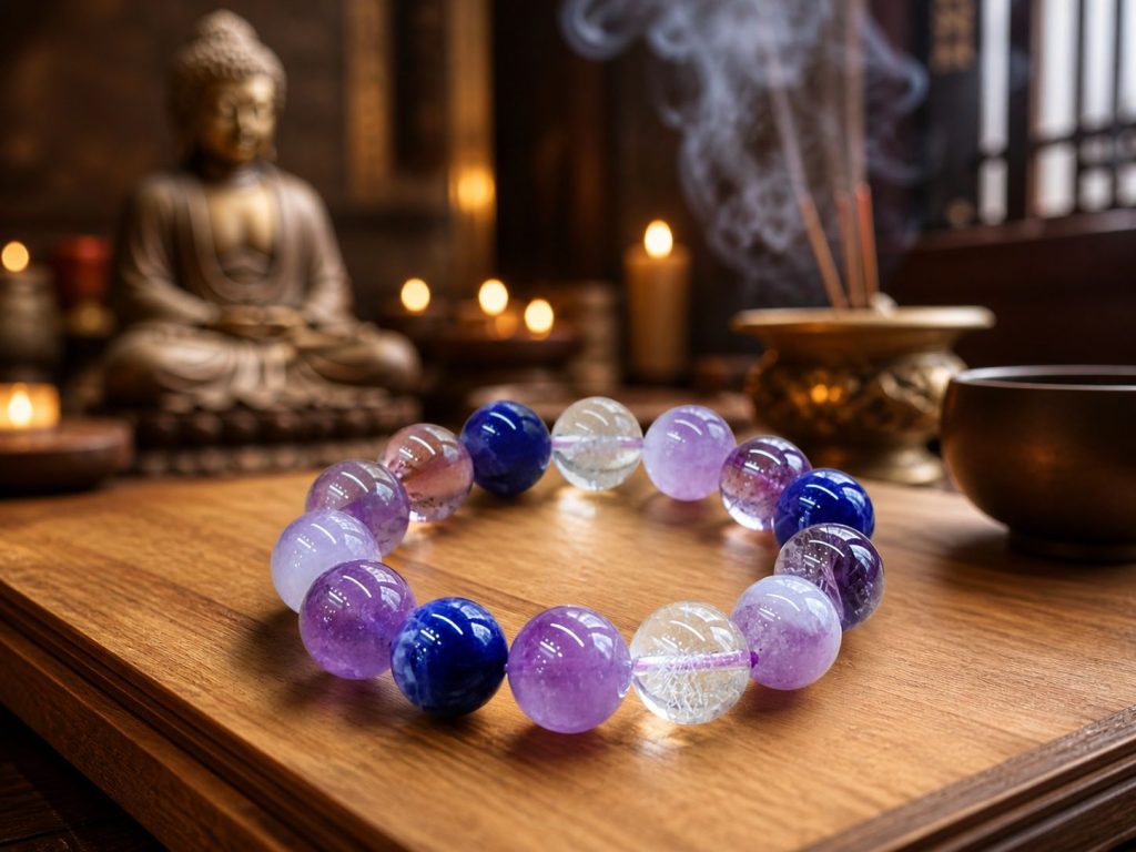 Buddhist Zen Amethyst Blue Crystal Clear White Bracelet