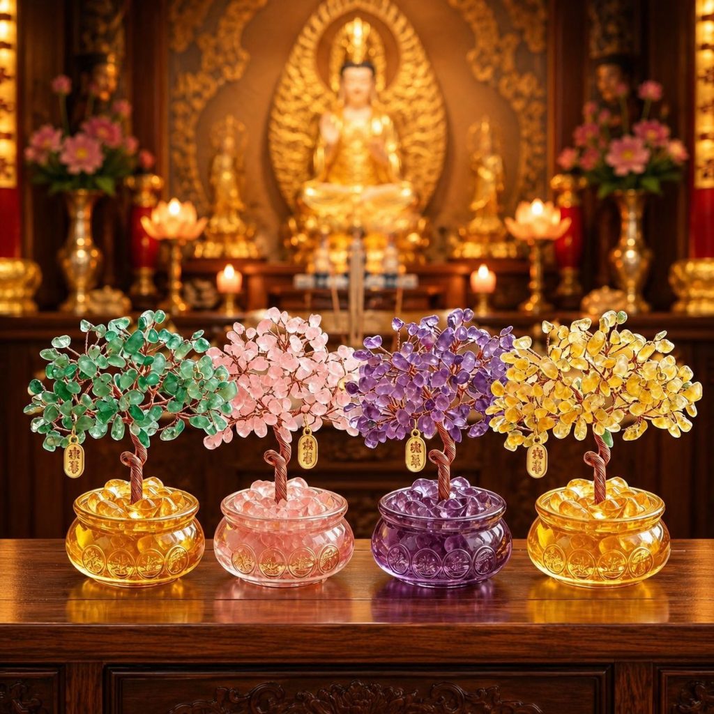 Four-Color Crystal Money Tree Ornament for Wealth, Blessing, Desktop, Altar, Entryway and Home Decor