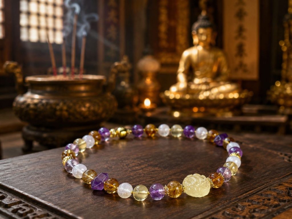 Zen Buddhist Healing Crystal Necklace – Amethyst, Citrine, Clear Quartz with Ruyi Scepter Charm