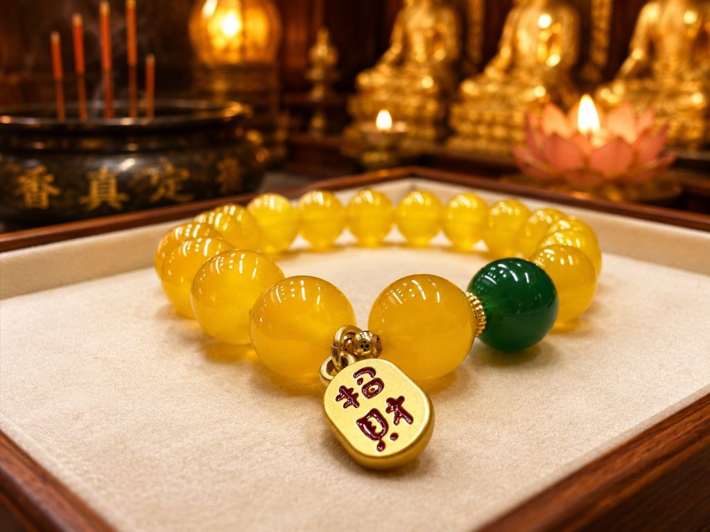 Buddhist Zen Yellow Agate-Style Wealth Bracelet with Green Bead and Gold Charm