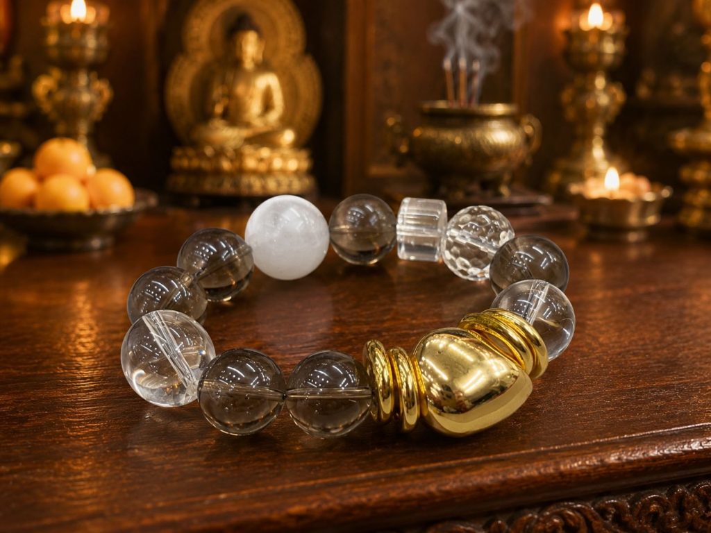 Buddhist Zen Smoky Crystal Clear White Bracelet with Gold Gourd Accent