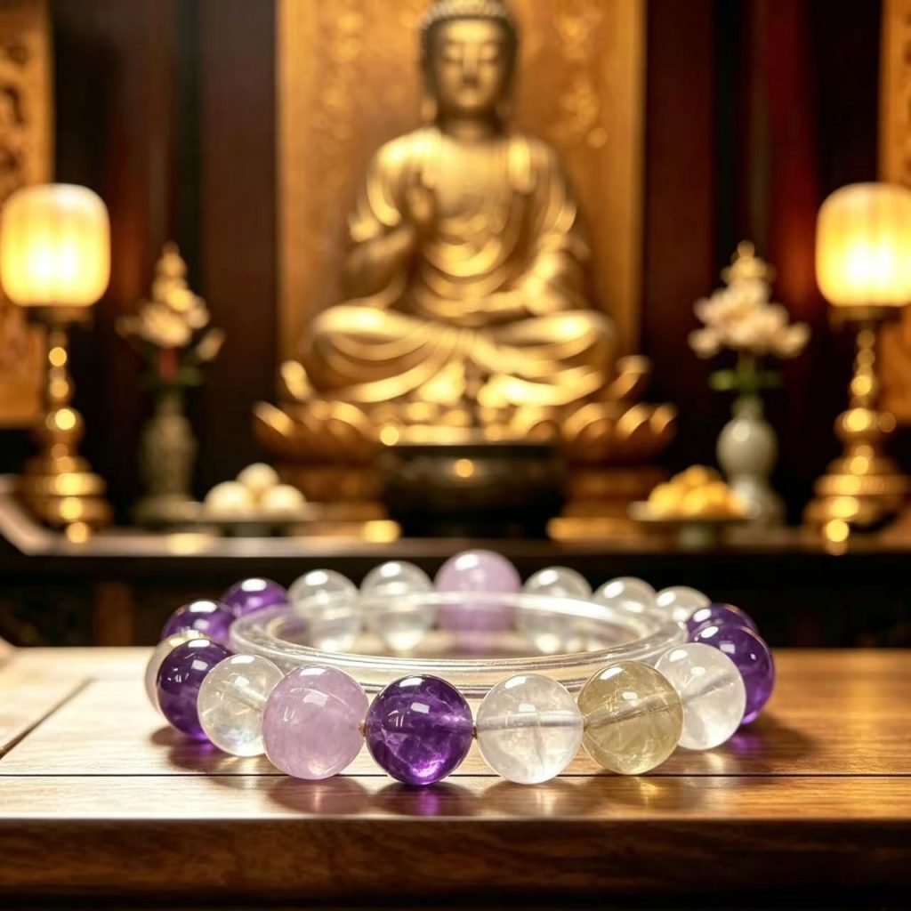 Amethyst, purple kyanite, and white ghost quartz paired with gold-plated copper accents