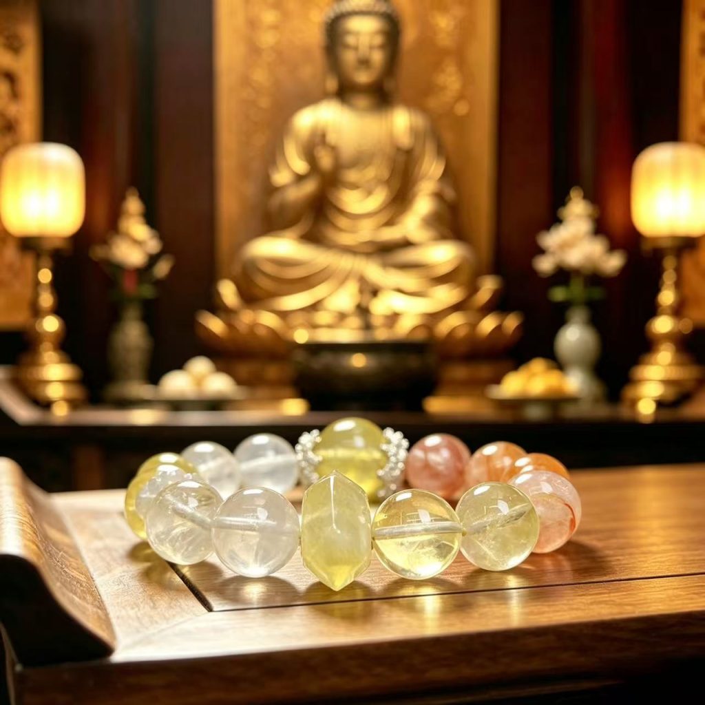 A bracelet made of red rubber flowers, white ghost stones, and yellow quartz